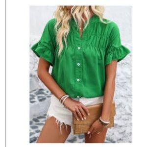 Kelly green top, ruffled sleeves, button front.
